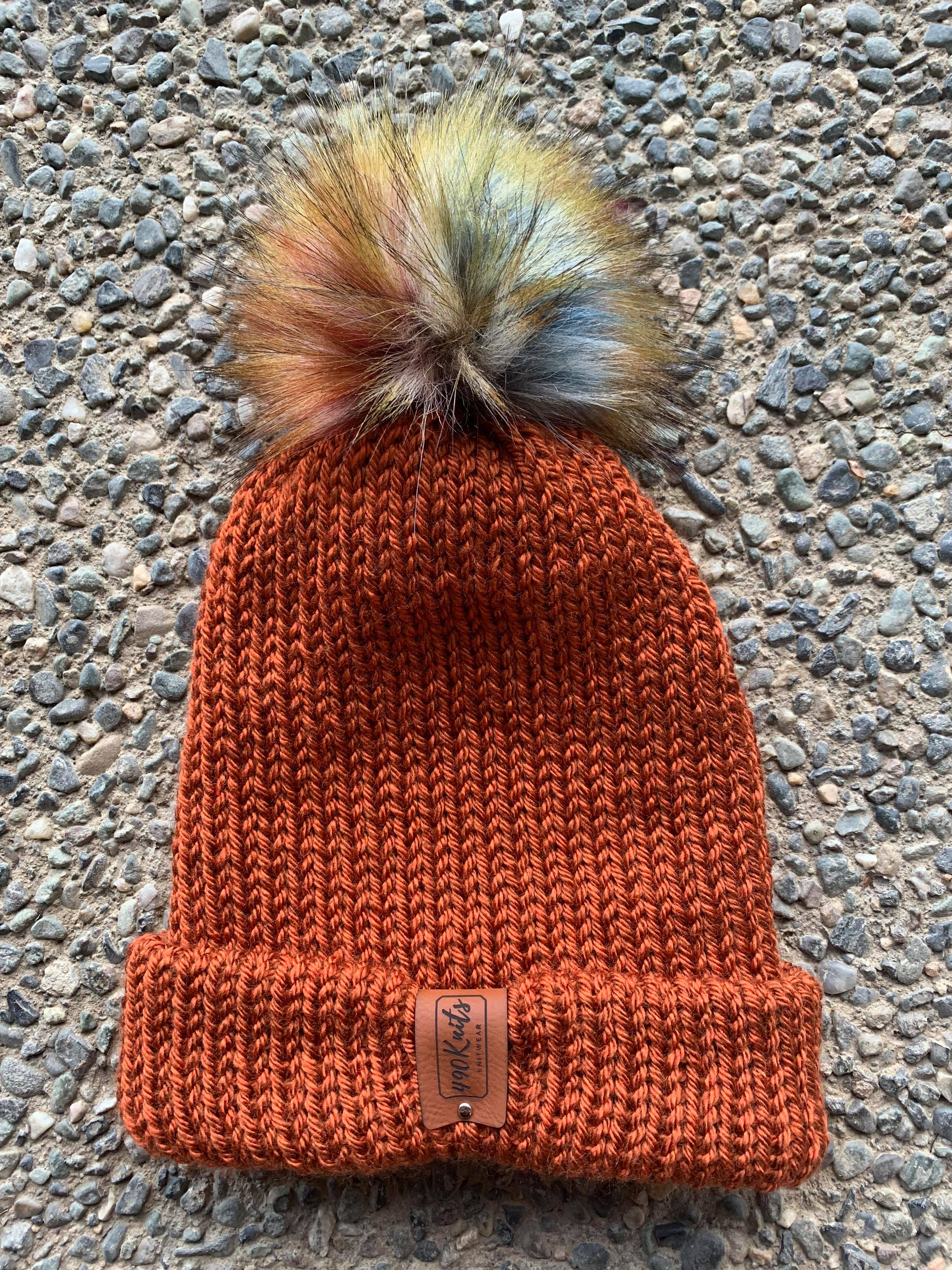 Pumpkin Rust Plaid Knit Faux Fur Pompom Lined Women\'s Knit Winter Beanie Hat Beki - Plaid Beanie W Upcycled Fur Pom by Harricana  main image 2